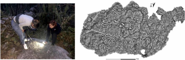 Archaeologists capture a rock art panel from Penedo do Muro 2, Portugal (left) to generate a 3D visualization (right).