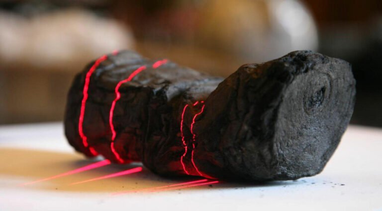 The Herculaneum Scroll being scanned with red laser lines by Brent Seals and his team at the Institut de France