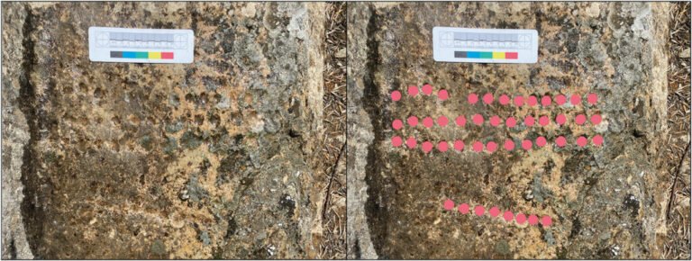 Game board in the hammam in Walila, Morocco (left), with markups showing the positions of the holes (right)