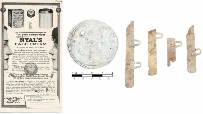 Face cream advertisement (left), face cream jar (center), and corset stay (right)